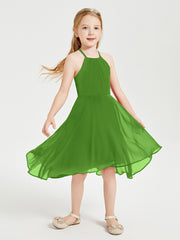 Tea Length Junior Bridesmaid Dresses with Asymmetrical Skirts Moss