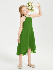 Tea Length Junior Bridesmaid Dresses with Asymmetrical Skirts Moss