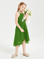 Tea Length Junior Bridesmaid Dresses with Asymmetrical Skirts Moss