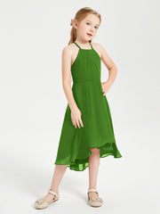 Tea Length Junior Bridesmaid Dresses with Asymmetrical Skirts Moss