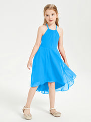 Tea Length Junior Bridesmaid Dresses with Asymmetrical Skirts Ocean Blue