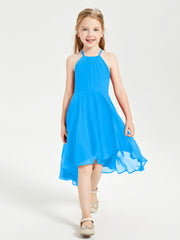 Tea Length Junior Bridesmaid Dresses with Asymmetrical Skirts Ocean Blue