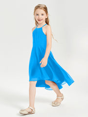 Tea Length Junior Bridesmaid Dresses with Asymmetrical Skirts Ocean Blue