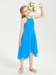 Tea Length Junior Bridesmaid Dresses with Asymmetrical Skirts Ocean Blue