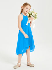 Tea Length Junior Bridesmaid Dresses with Asymmetrical Skirts Ocean Blue
