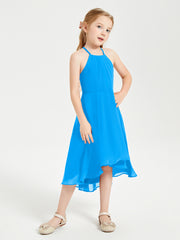 Tea Length Junior Bridesmaid Dresses with Asymmetrical Skirts Ocean Blue