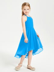 Tea Length Junior Bridesmaid Dresses with Asymmetrical Skirts Ocean Blue