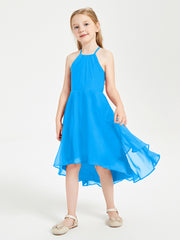 Tea Length Junior Bridesmaid Dresses with Asymmetrical Skirts Ocean Blue