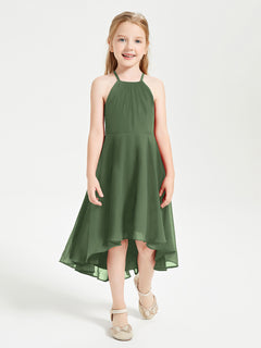 Tea Length Junior Bridesmaid Dresses with Asymmetrical Skirts Olive Green