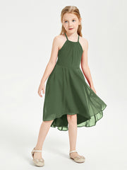 Tea Length Junior Bridesmaid Dresses with Asymmetrical Skirts Olive Green