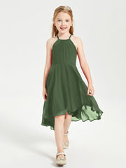 Tea Length Junior Bridesmaid Dresses with Asymmetrical Skirts Olive Green