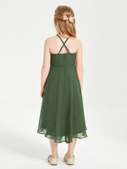 Tea Length Junior Bridesmaid Dresses with Asymmetrical Skirts Olive Green