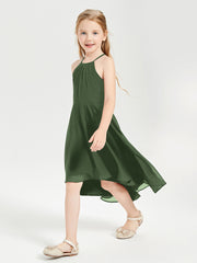 Tea Length Junior Bridesmaid Dresses with Asymmetrical Skirts Olive Green