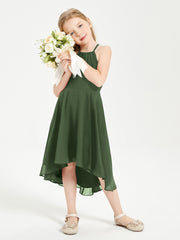 Tea Length Junior Bridesmaid Dresses with Asymmetrical Skirts Olive Green