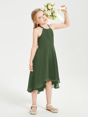 Tea Length Junior Bridesmaid Dresses with Asymmetrical Skirts Olive Green