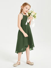 Tea Length Junior Bridesmaid Dresses with Asymmetrical Skirts Olive Green