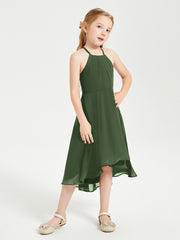 Tea Length Junior Bridesmaid Dresses with Asymmetrical Skirts Olive Green