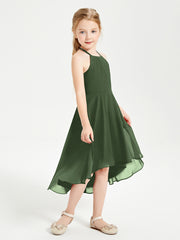 Tea Length Junior Bridesmaid Dresses with Asymmetrical Skirts Olive Green