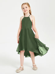 Tea Length Junior Bridesmaid Dresses with Asymmetrical Skirts Olive Green
