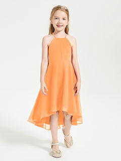 Tea Length Junior Bridesmaid Dresses with Asymmetrical Skirts Orange