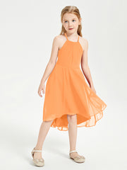 Tea Length Junior Bridesmaid Dresses with Asymmetrical Skirts Orange
