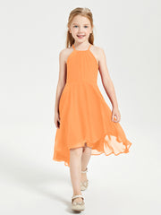Tea Length Junior Bridesmaid Dresses with Asymmetrical Skirts Orange
