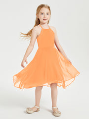 Tea Length Junior Bridesmaid Dresses with Asymmetrical Skirts Orange