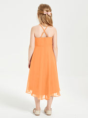 Tea Length Junior Bridesmaid Dresses with Asymmetrical Skirts Orange