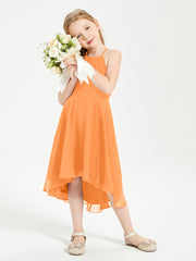 Tea Length Junior Bridesmaid Dresses with Asymmetrical Skirts Orange