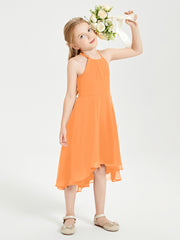 Tea Length Junior Bridesmaid Dresses with Asymmetrical Skirts Orange
