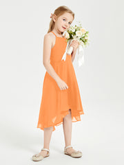 Tea Length Junior Bridesmaid Dresses with Asymmetrical Skirts Orange