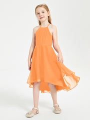 Tea Length Junior Bridesmaid Dresses with Asymmetrical Skirts Orange