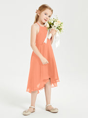 Tea Length Junior Bridesmaid Dresses with Asymmetrical Skirts Papaya