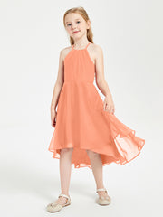Tea Length Junior Bridesmaid Dresses with Asymmetrical Skirts Papaya