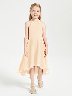 Tea Length Junior Bridesmaid Dresses with Asymmetrical Skirts Peach