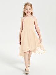 Tea Length Junior Bridesmaid Dresses with Asymmetrical Skirts Peach