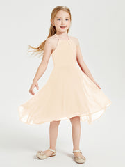Tea Length Junior Bridesmaid Dresses with Asymmetrical Skirts Peach