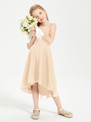 Tea Length Junior Bridesmaid Dresses with Asymmetrical Skirts Peach