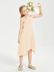 Tea Length Junior Bridesmaid Dresses with Asymmetrical Skirts Peach