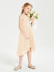 Tea Length Junior Bridesmaid Dresses with Asymmetrical Skirts Peach