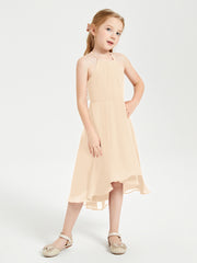 Tea Length Junior Bridesmaid Dresses with Asymmetrical Skirts Peach