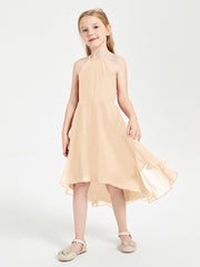 Tea Length Junior Bridesmaid Dresses with Asymmetrical Skirts Peach