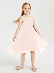 Tea Length Junior Bridesmaid Dresses with Asymmetrical Skirts Pearl Pink