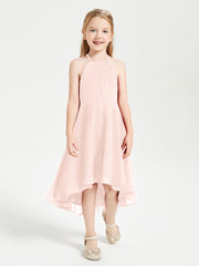 Tea Length Junior Bridesmaid Dresses with Asymmetrical Skirts Pearl Pink
