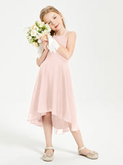 Tea Length Junior Bridesmaid Dresses with Asymmetrical Skirts Pearl Pink