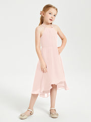 Tea Length Junior Bridesmaid Dresses with Asymmetrical Skirts Pearl Pink