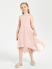 Tea Length Junior Bridesmaid Dresses with Asymmetrical Skirts Pearl Pink