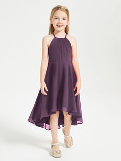 Tea Length Junior Bridesmaid Dresses with Asymmetrical Skirts Plum