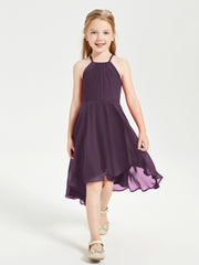 Tea Length Junior Bridesmaid Dresses with Asymmetrical Skirts Plum