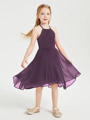 Tea Length Junior Bridesmaid Dresses with Asymmetrical Skirts Plum